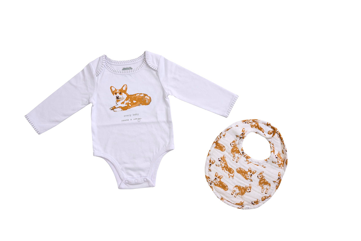 Mud Pie corgi bodysuit front print for all-day baby comfort.