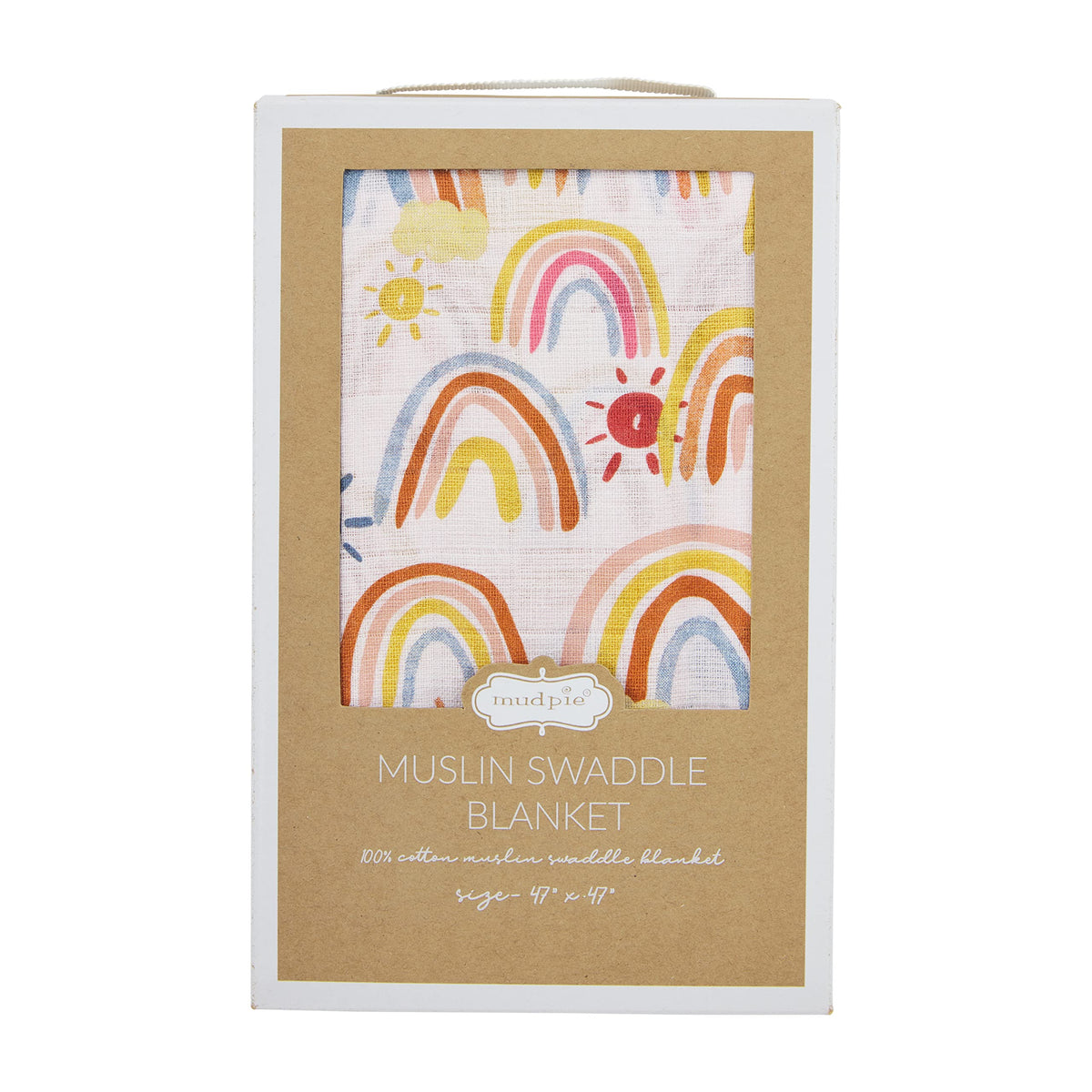 Mud Pie Rainbow Muslin Swaddle Blanket folded, showcasing soft, breathable fabric.