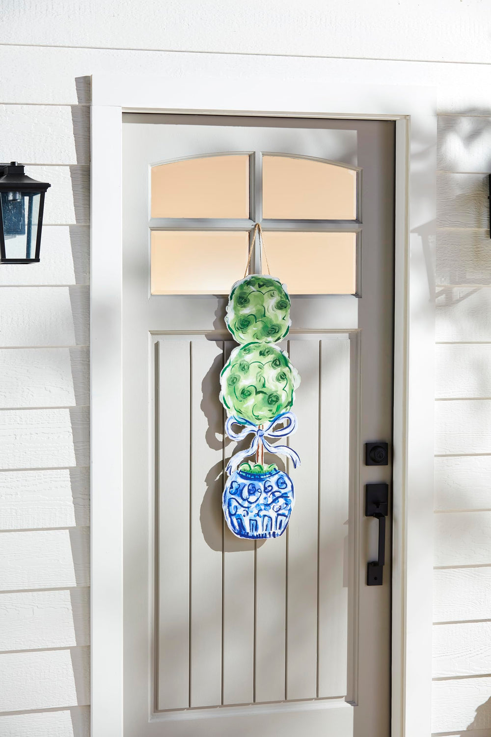 Mud Pie Topiary Door Hanger side view features rustic jute loop for easy door mounting.