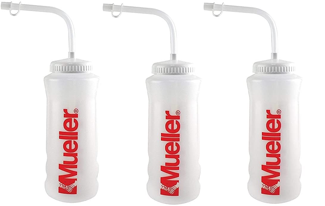 Mueller quart bottle with straw in natural color and red letters for on-the-go hydration