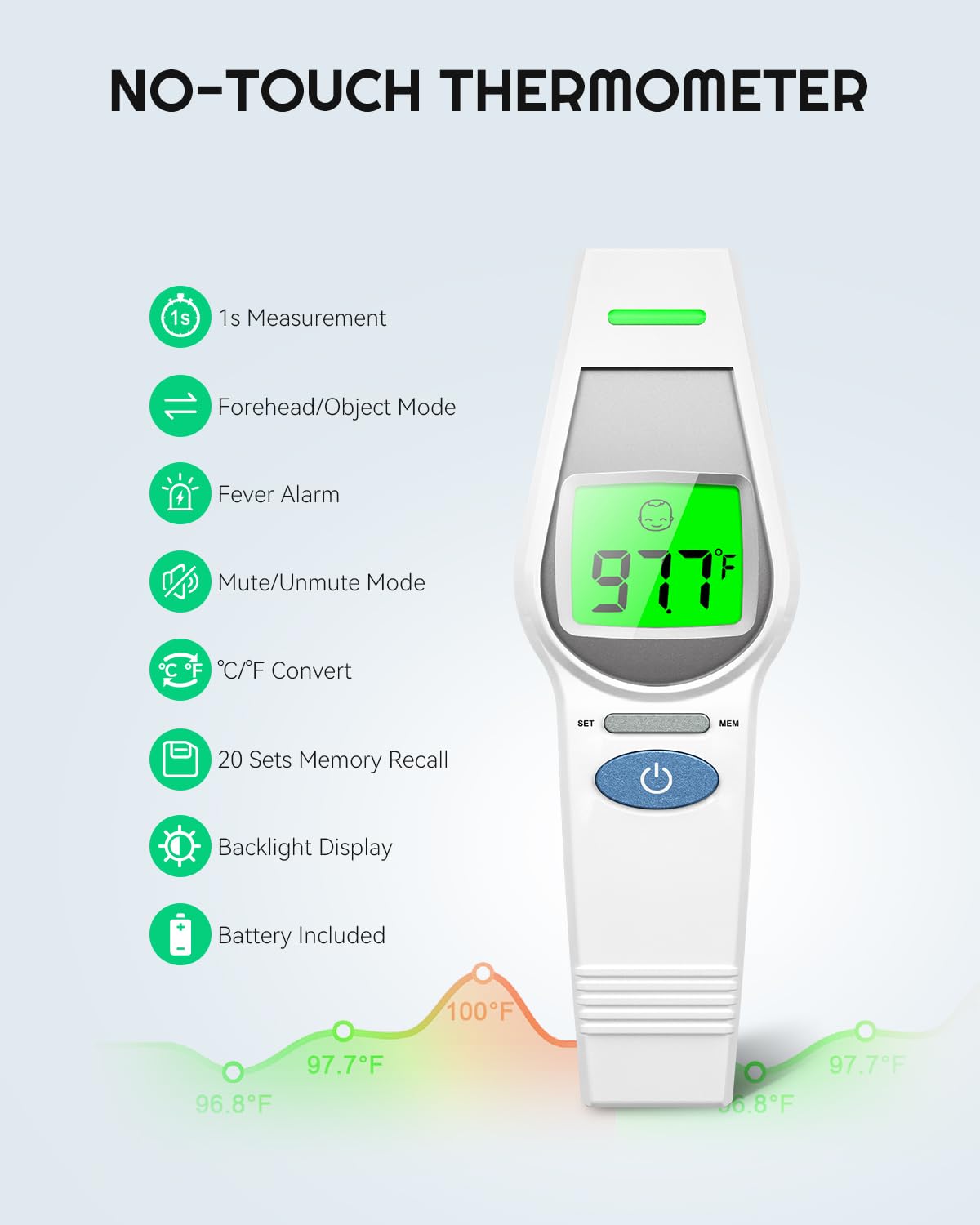 MugaTree no-touch thermometer side view showing ergonomic grip