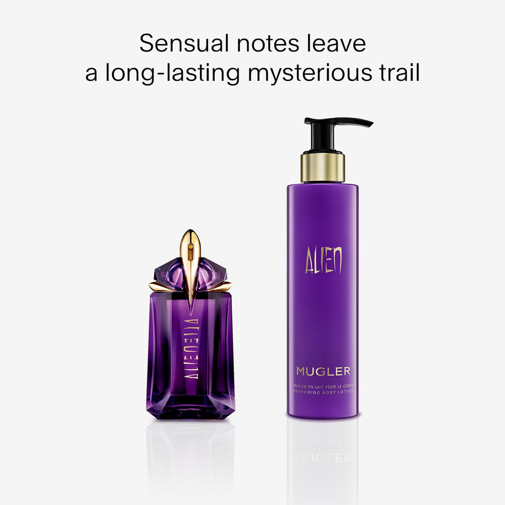 MUGLER Alien Body Lotion after-shower application boosts hydration and scent longevity.