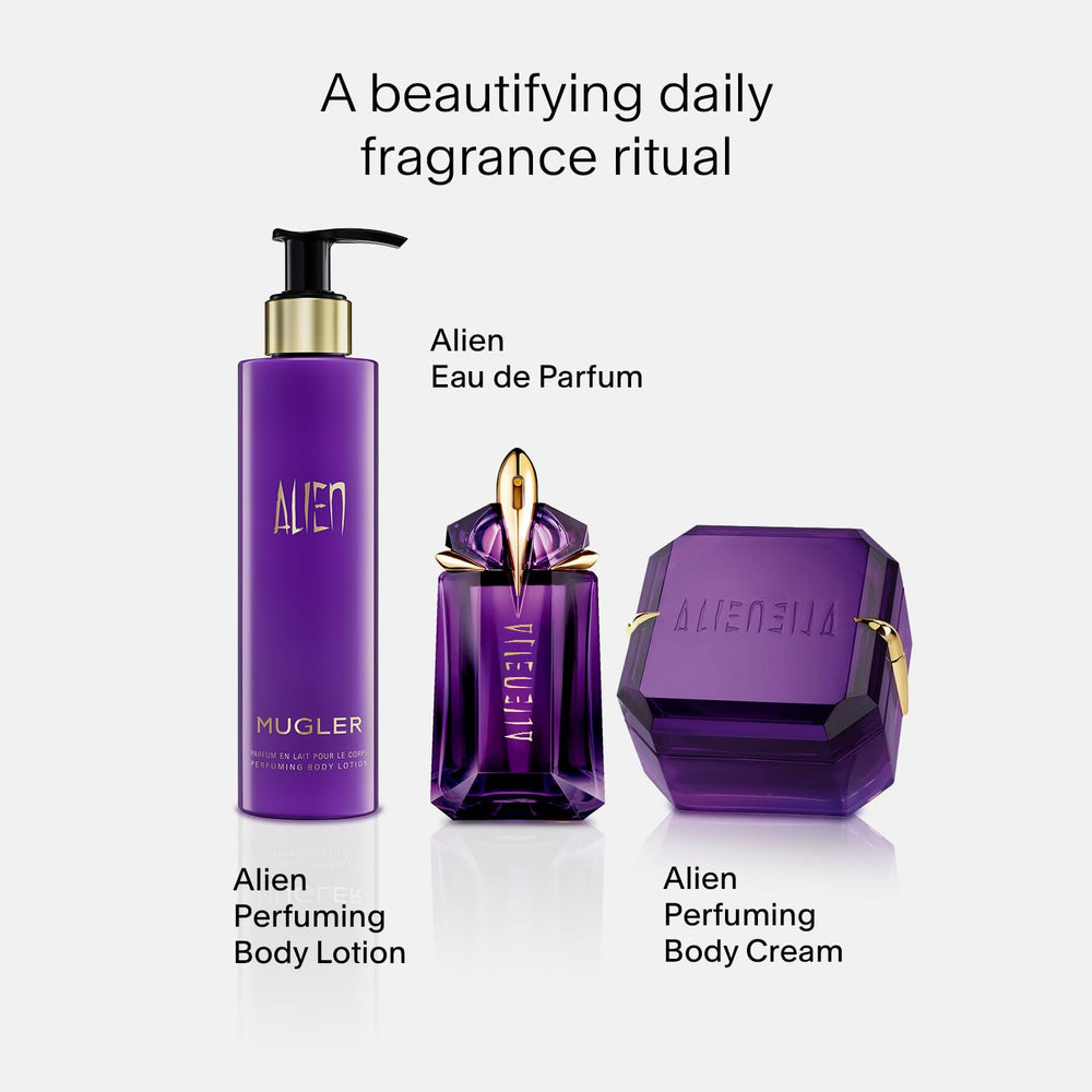 MUGLER Alien Body Lotion jasmine-amber notes create a floral-woody mood.