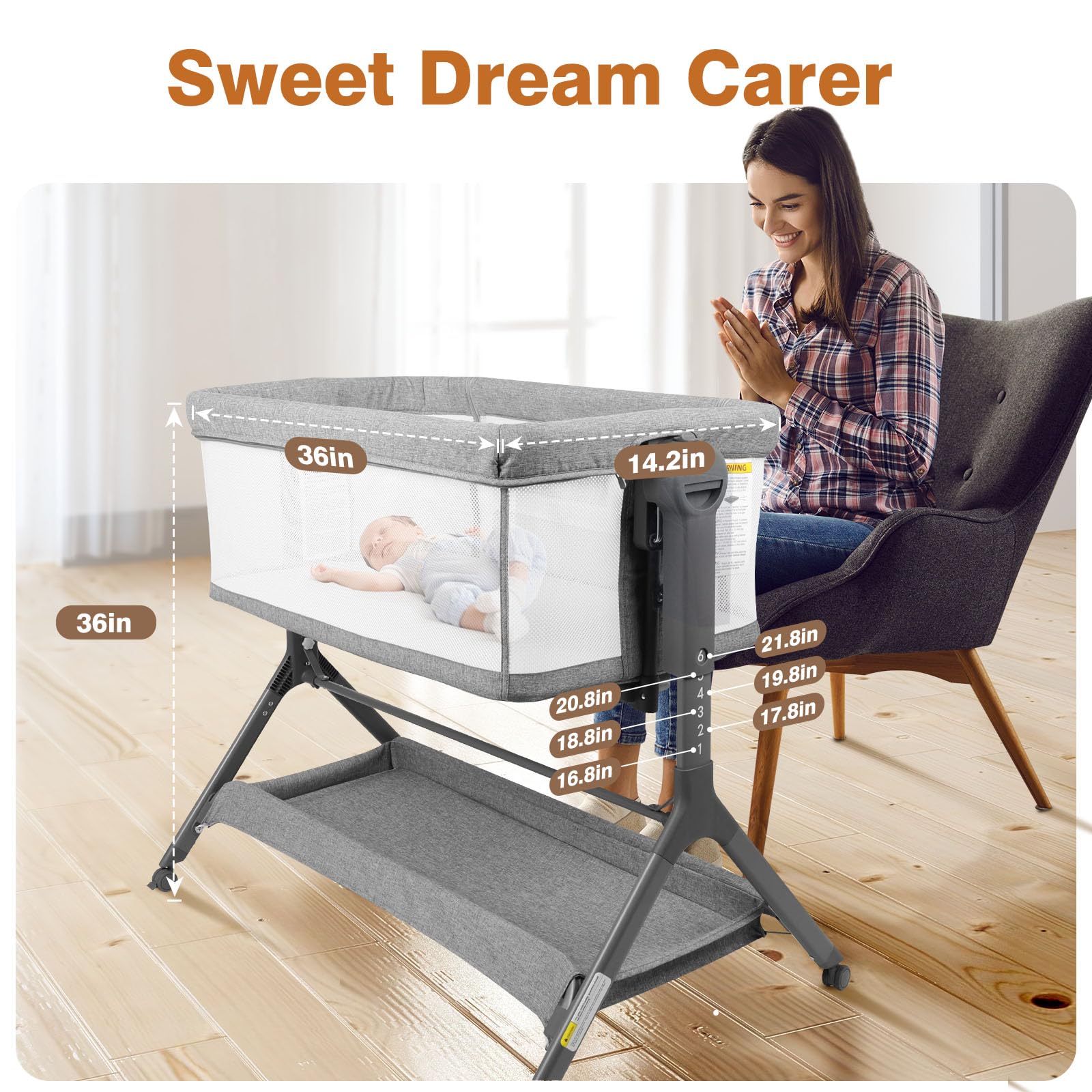 MUHDUH height-adjustable bassinet spans 16.8 to 21.8 inches for bed alignment