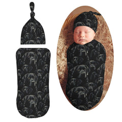 Muishi black-labrador swaddle blanket flatlay showing cozy fabric for newborns