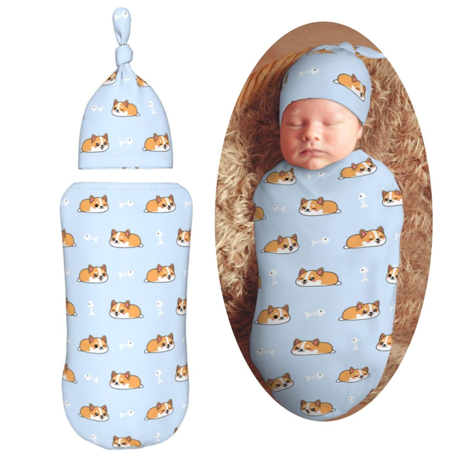 Muishi cartoon sleep corgi blue swaddle blanket wraps newborns in cozy security.