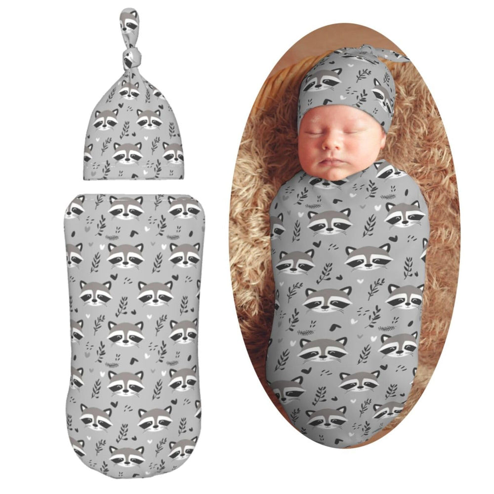 Muishi cute raccoon doodle gray swaddle blanket for newborns, soft and cozy.