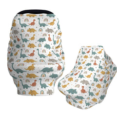 Muishi dinosaurs and rainbows car seat cover wrapped over a car seat for privacy