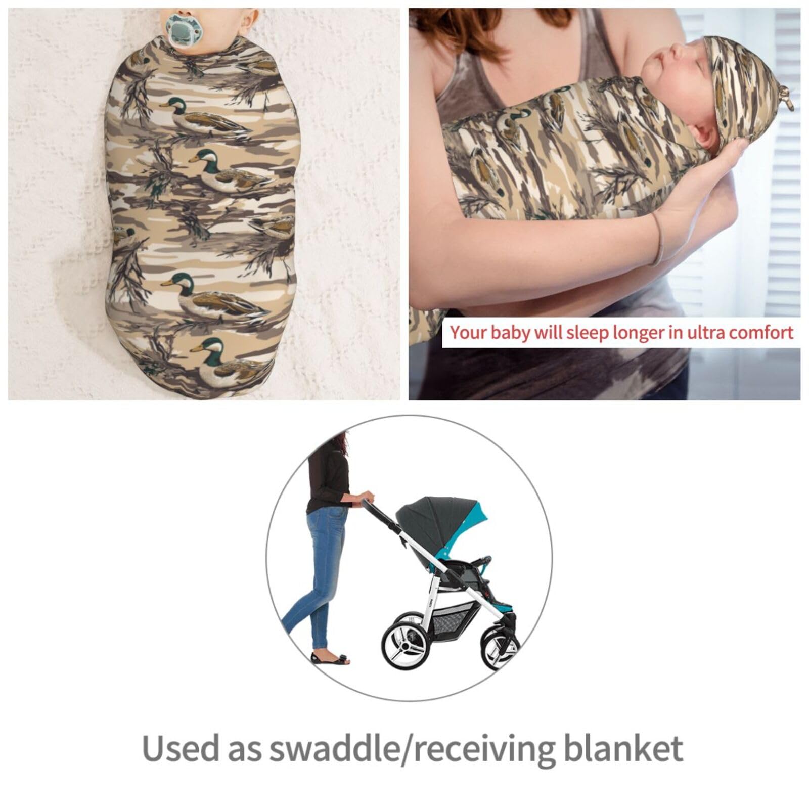 Muishi duck camouflage swaddle being wrapped around a newborn for a snug cocoon.