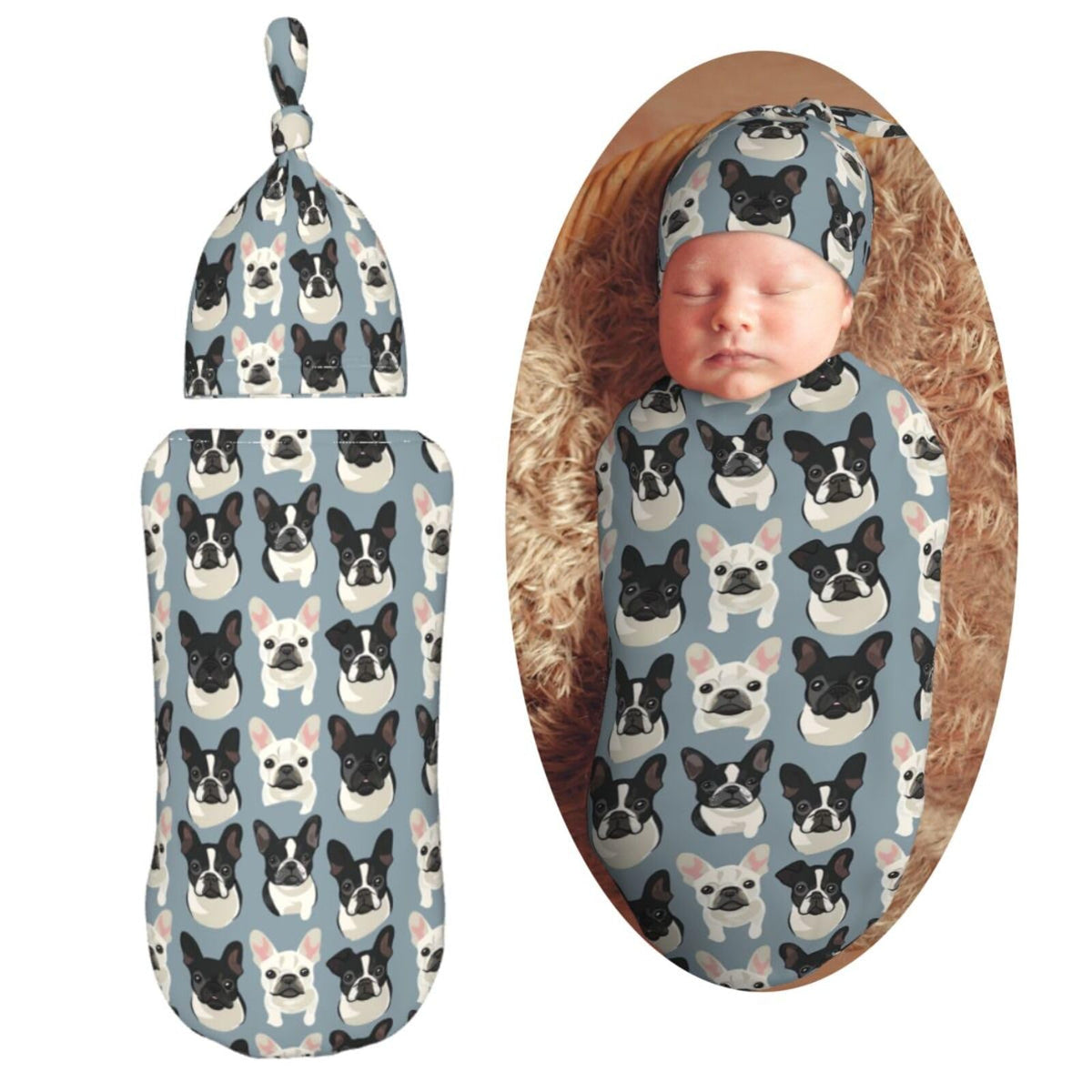 Muishi French Bulldog swaddle blanket close-up showing soft fabric for gentle newborn comfort.