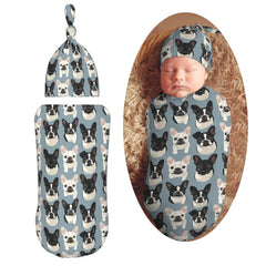 Muishi French Bulldog swaddle blanket close-up showing soft fabric for gentle newborn comfort.