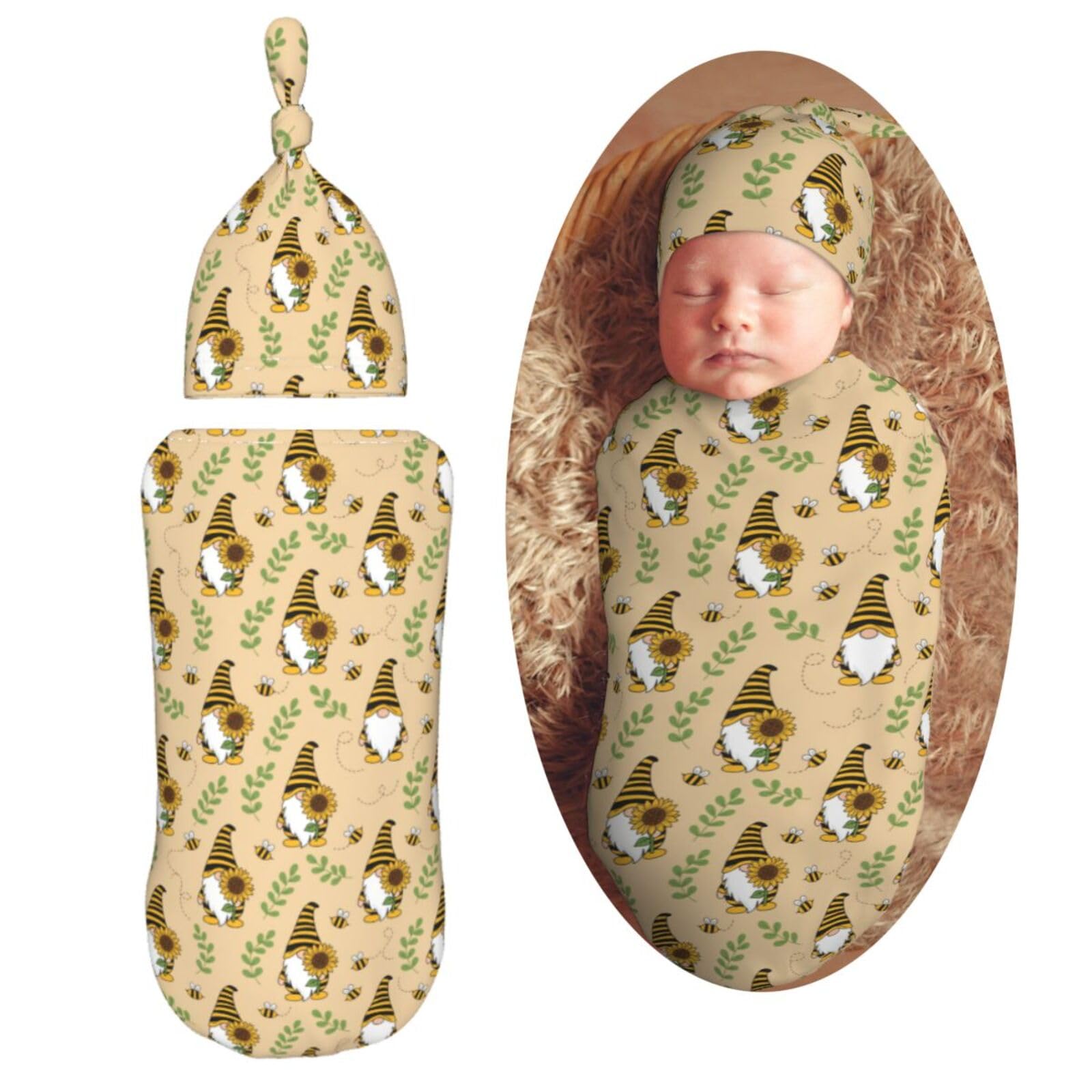 Muishi Gnomes Bees Sunflowers swaddle blanket for newborn comfort and coziness.