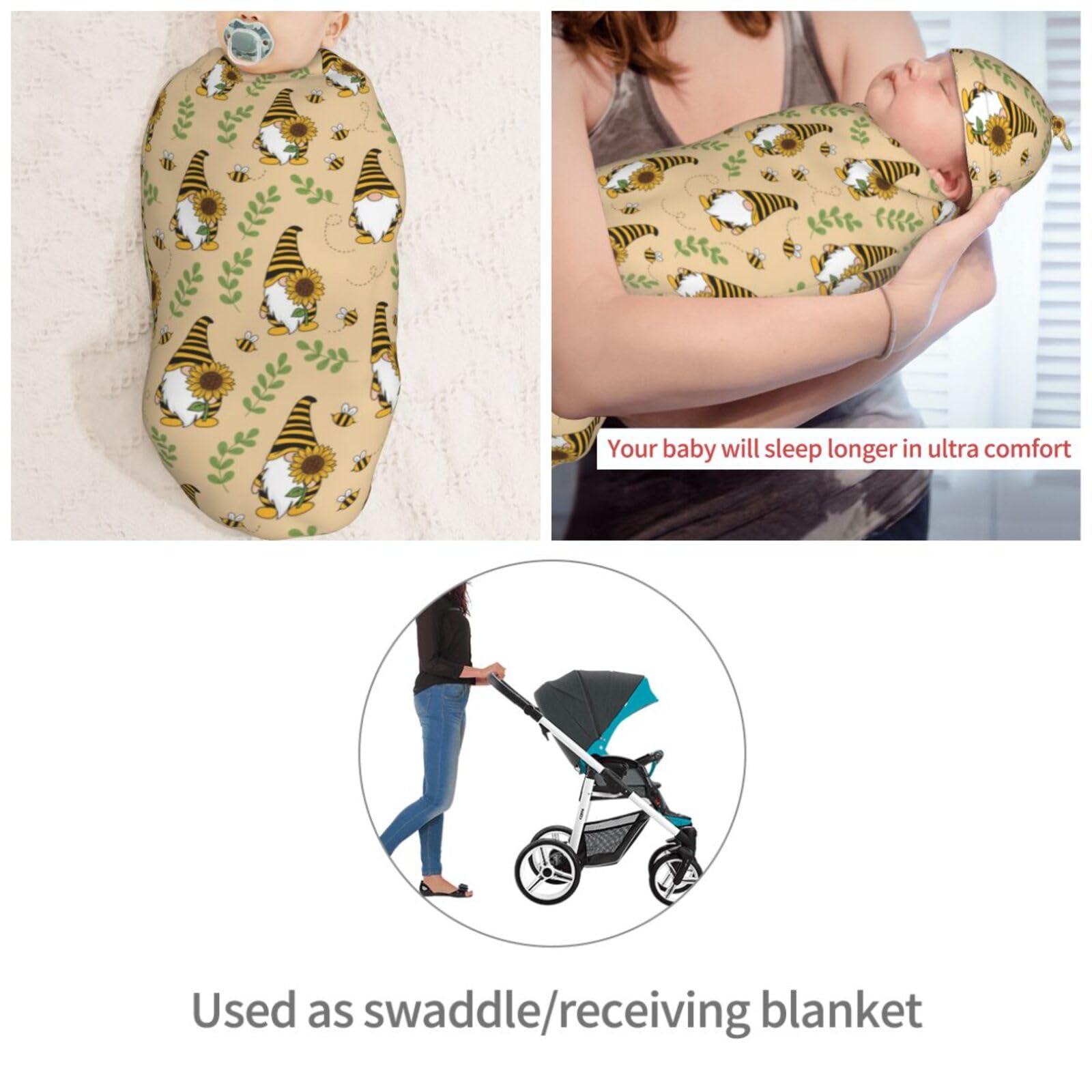 Muishi Gnomes Bees Sunflowers swaddle blanket edge stitching visible for safety.