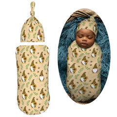 Muishi Gnomes Bees Sunflowers hat paired with swaddle for snug newborn wear.
