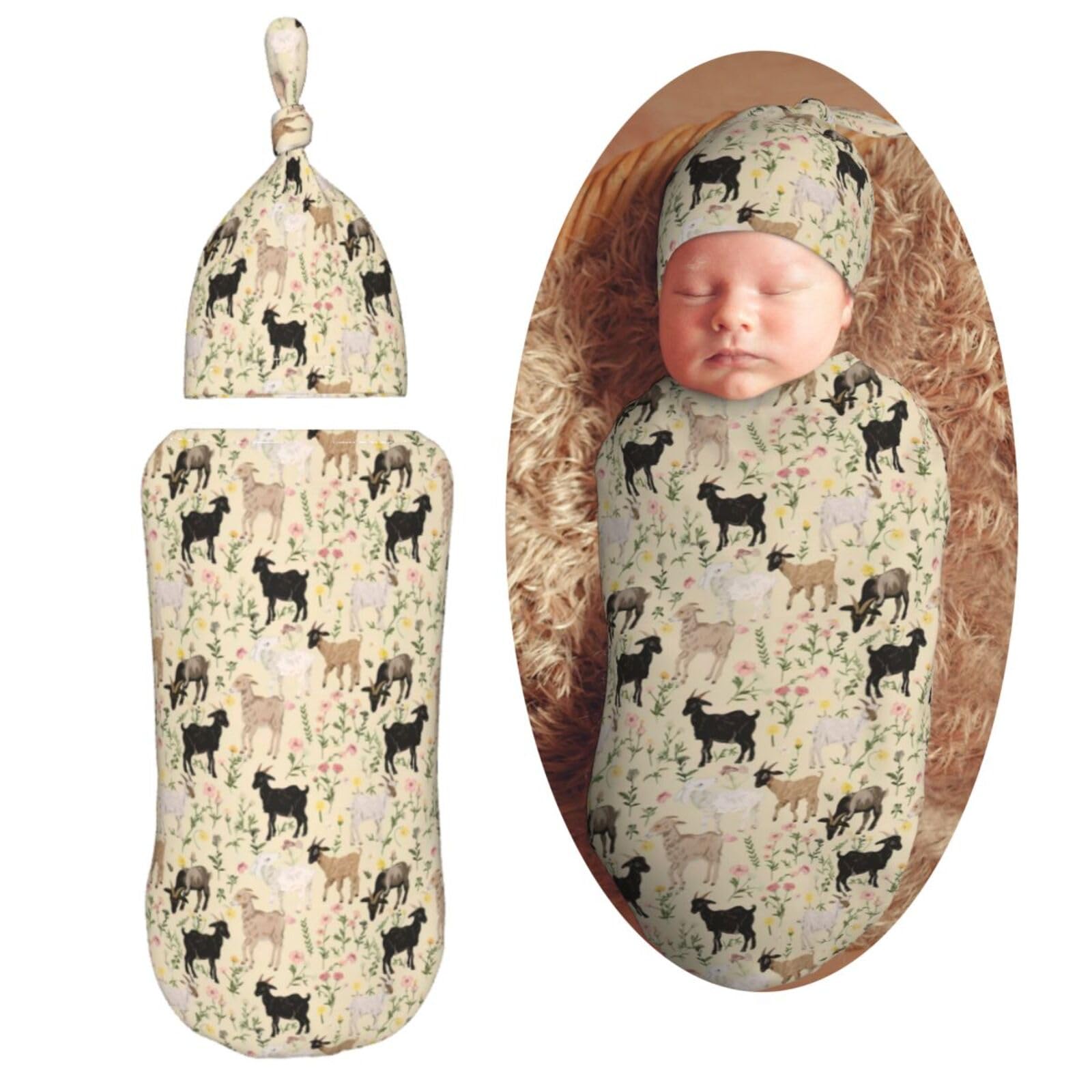 Muishi goats and flowers swaddle blanket in a cozy newborn setup for peaceful sleep