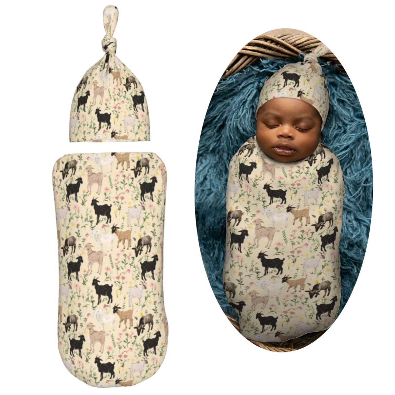 Muishi goats and flowers hat paired with swaddle blanket for snug newborn wearing