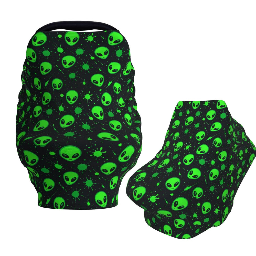 Muishi Green Alien Head car seat cover on a stroller provides privacy for baby.