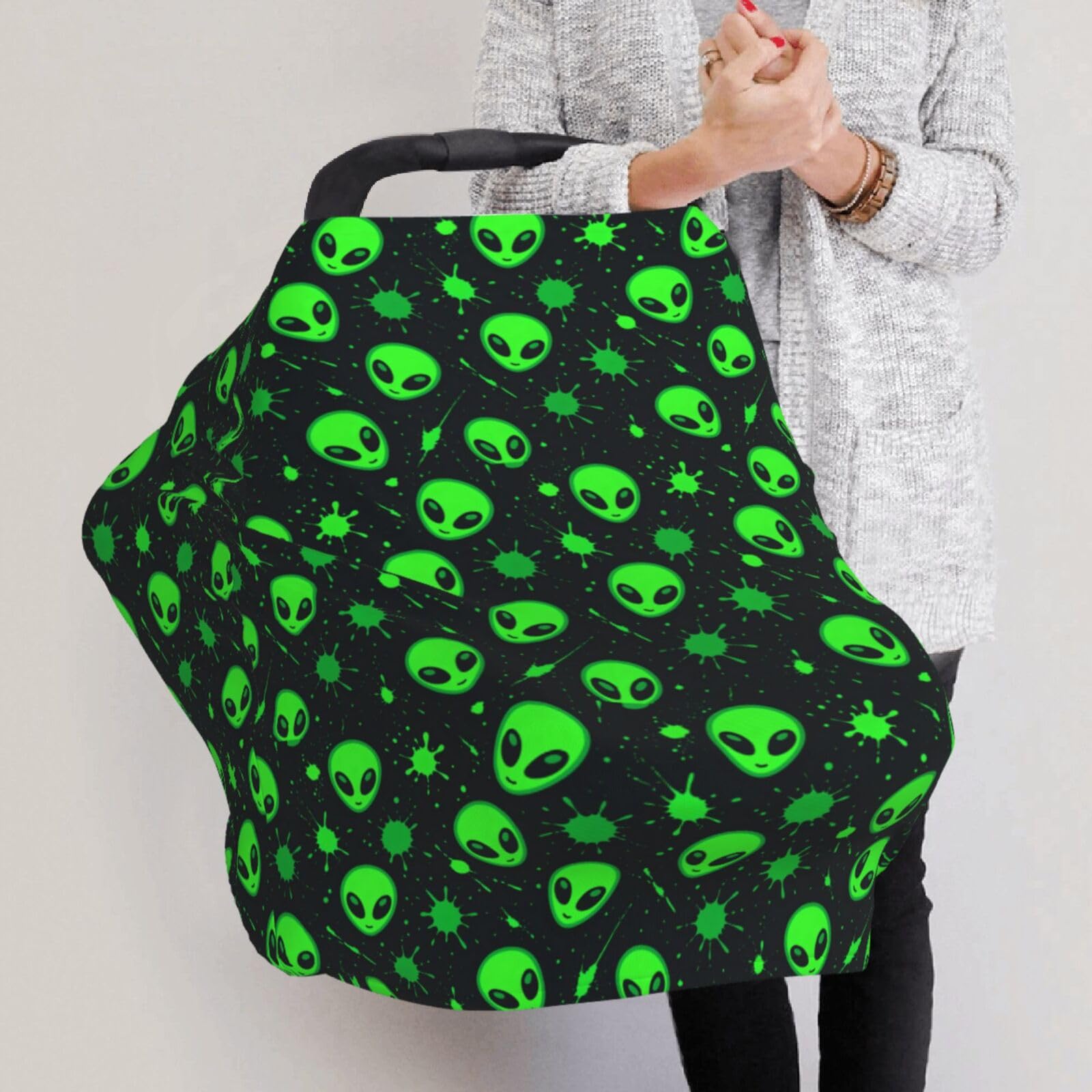 Muishi Green Alien Head car seat cover is machine washable for easy care.