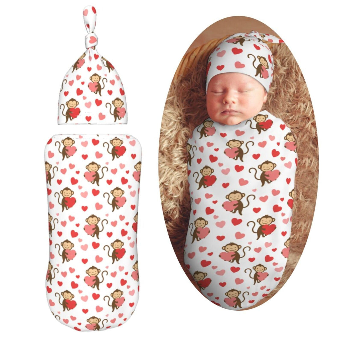 Muishi Monkey Love Heart swaddle blanket for snug newborn sleep.
