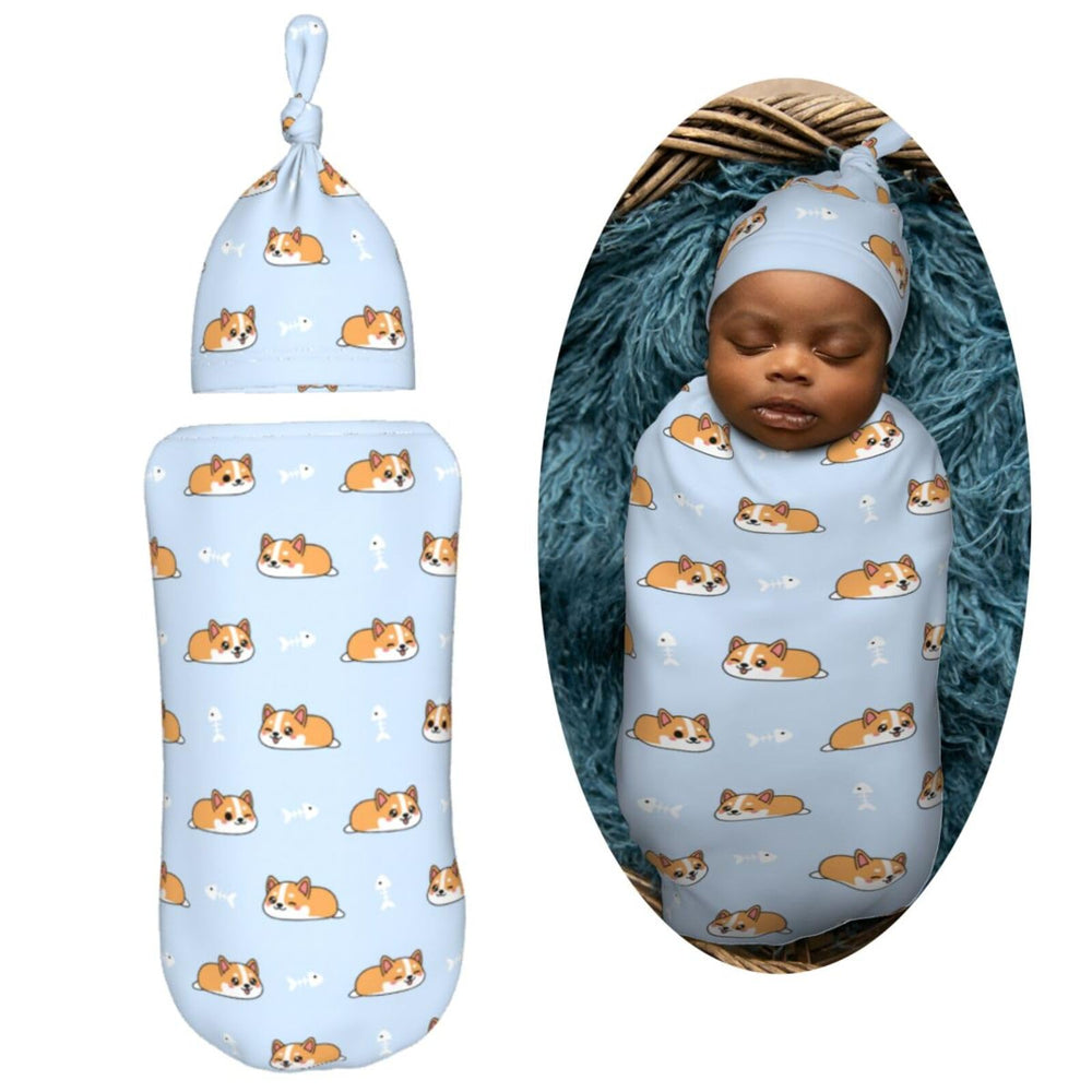 Muishi newborn hat with corgi blue set keeps tiny heads warm.