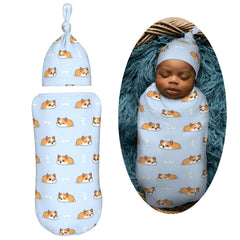 Muishi newborn hat with corgi blue set keeps tiny heads warm.