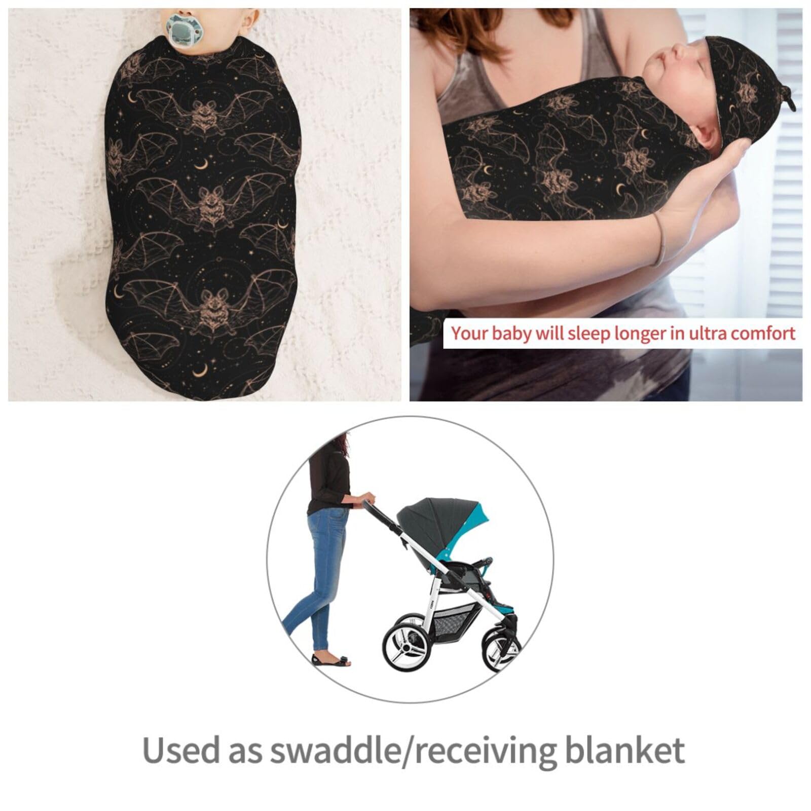 Muishi Night Bat Moon swaddle-oval-wrap demonstrates cocoon-like security for baby
