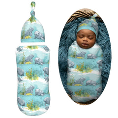 Muishi Ocean Florida Manatee baby hat paired with swaddle
