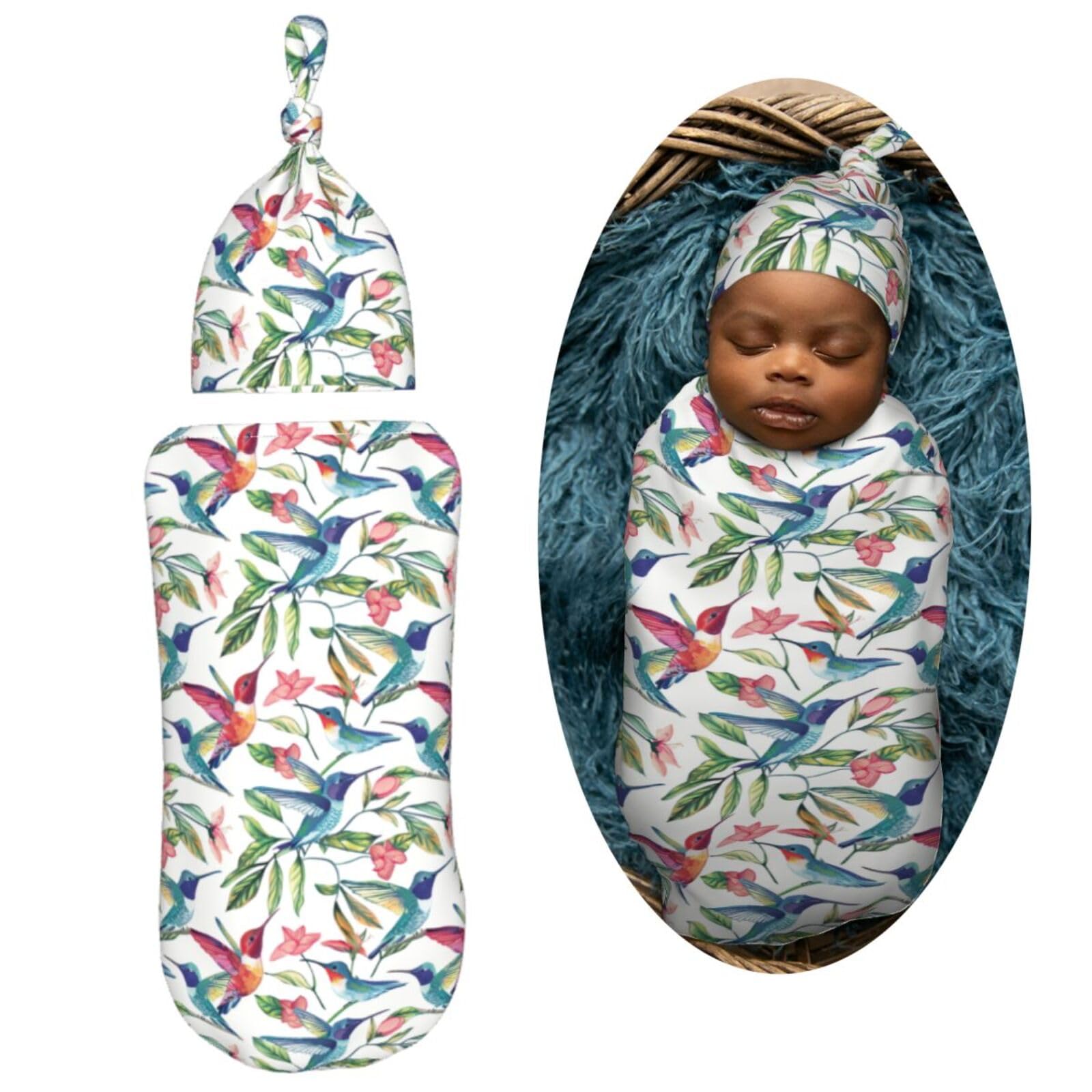 Muishi Spring Hummingbirds hat set paired with swaddle for easy, cozy newborn outfits
