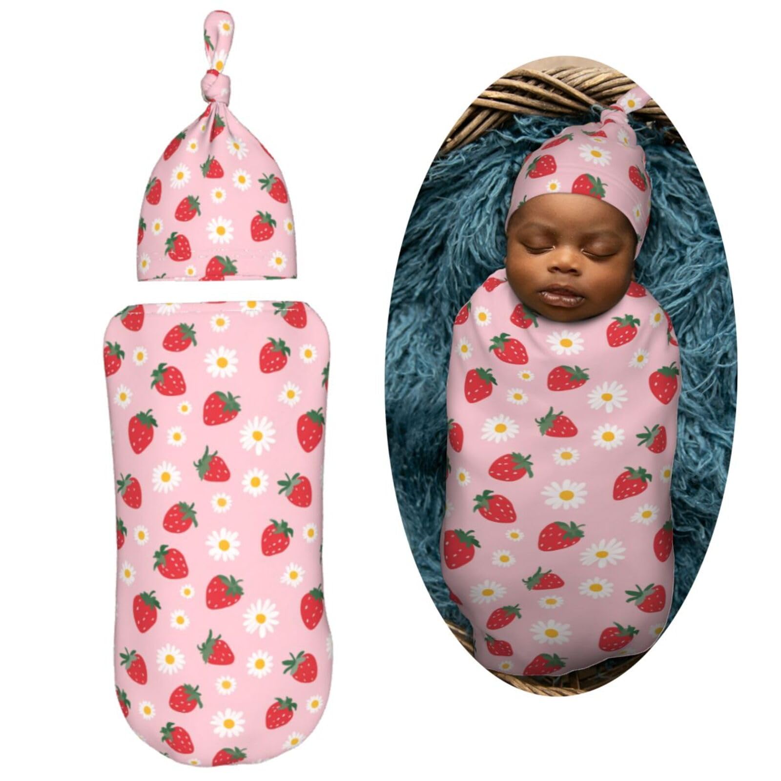 Muishi strawberry flowers baby hat pairs with swaddle for extra warmth