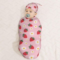 Muishi strawberry flowers hat shown for cozy newborn warmth