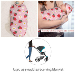 Muishi strawberry flowers set on baby demonstrating cocoon-like wrap