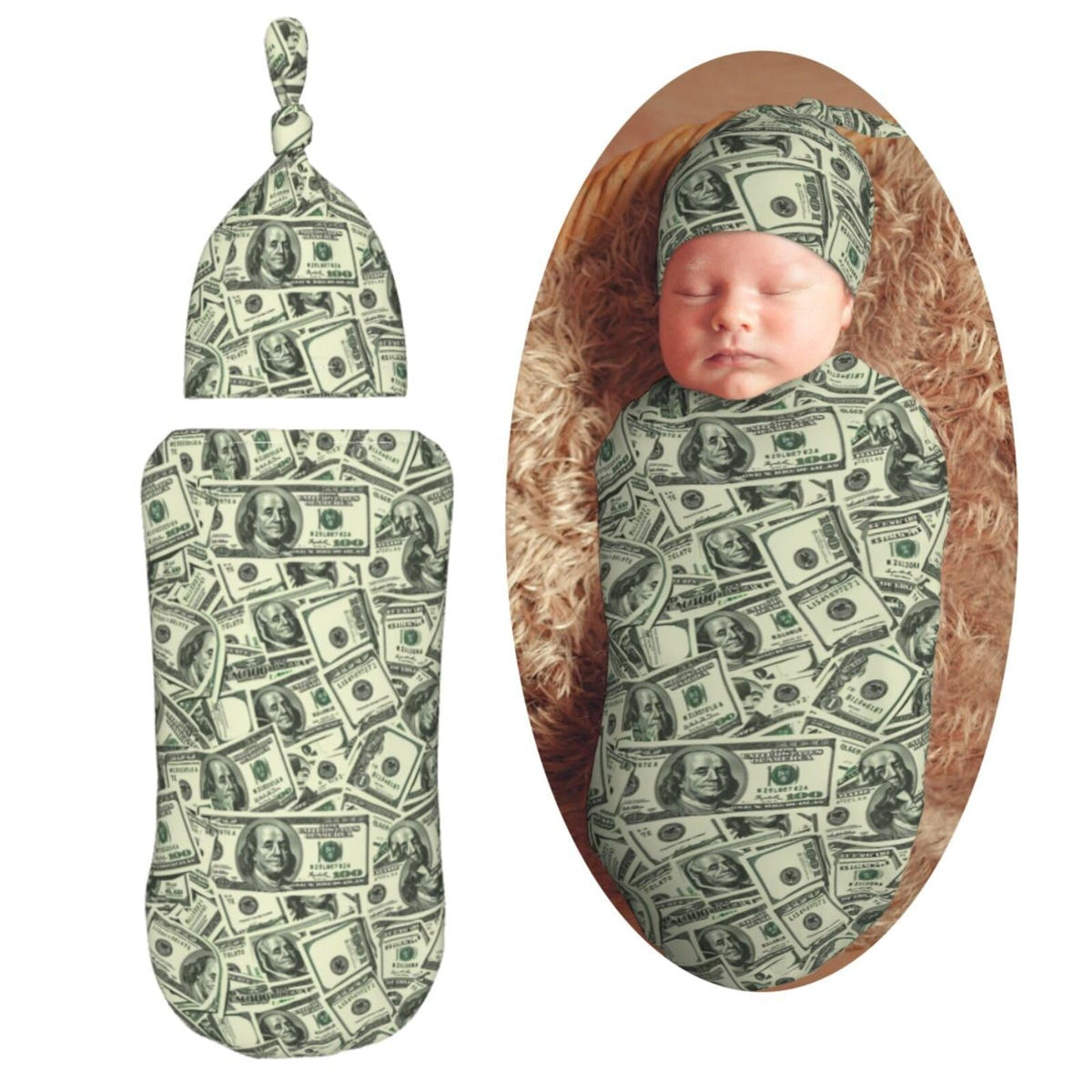 Muishi Us Dollar swaddle blanket set in soft fabric for peaceful newborn sleep.