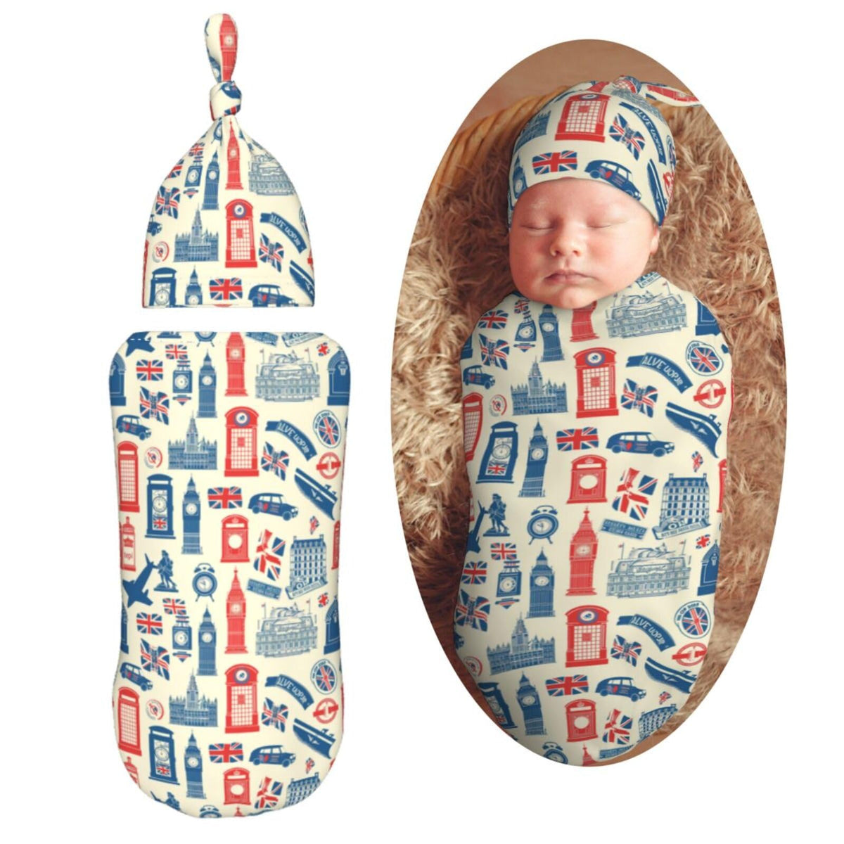 Muishi Vintage British Flag swaddle blanket wraps newborns with ultra-soft fabric for gentle swaddling.