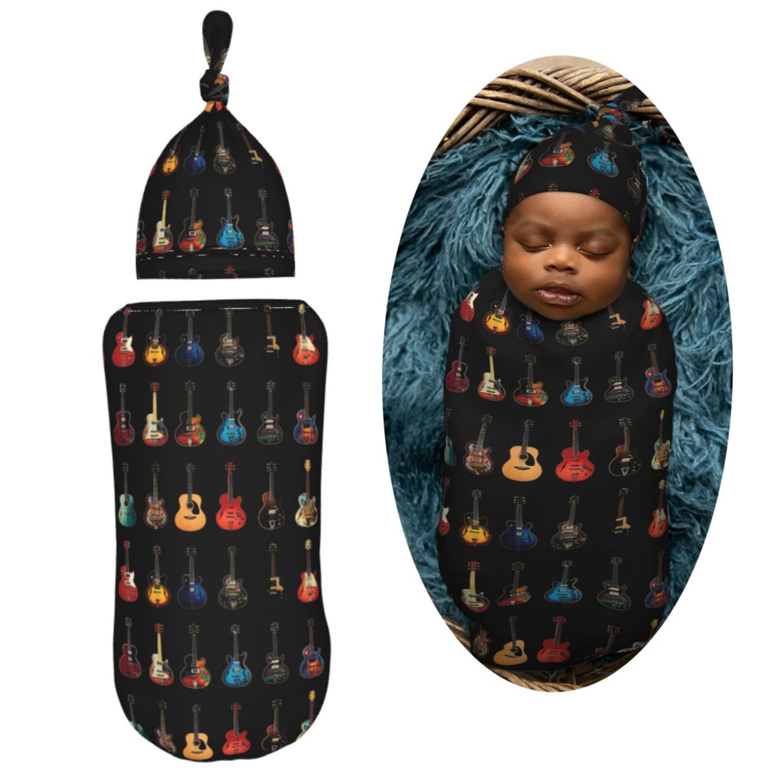 Muishi Vintage Guitar newborn hat set paired with swaddle for complete comfort
