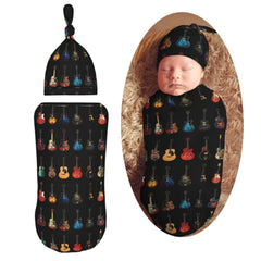 Muishi Vintage Guitar newborn swaddle blanket in plush fabric for cozy wrap