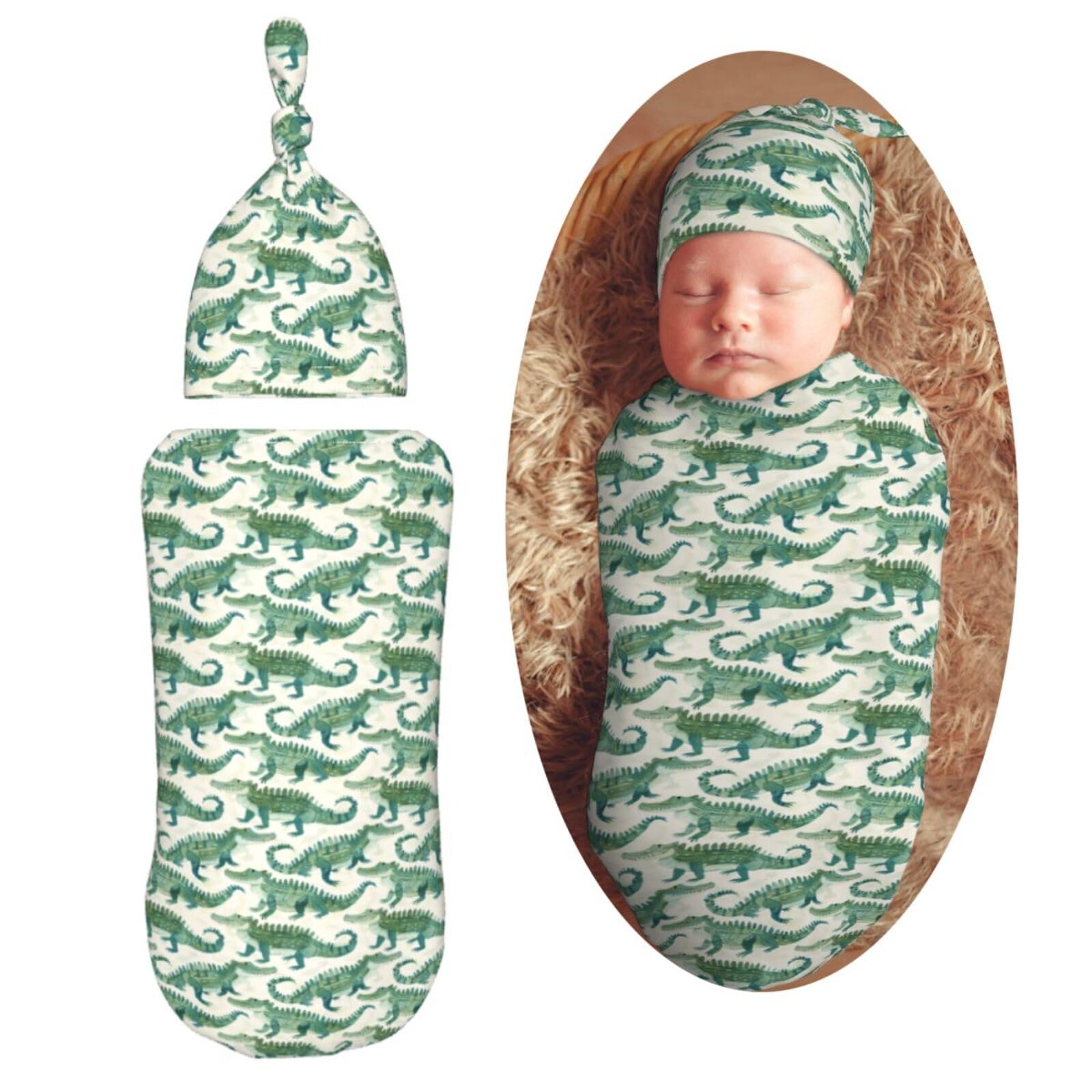 Muishi watercolor crocodiles swaddle blanket open, cozy newborn wrap.