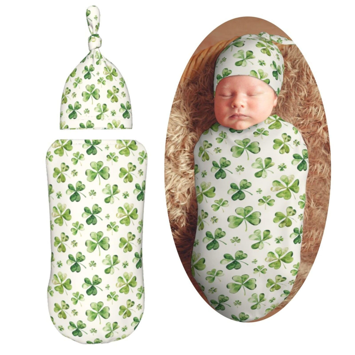 Muishi watercolor shamrock swaddle blanket flatlay shows soft fabric for newborn comfort.