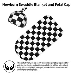 Muitanerkd black white checkered swaddle set with hat keeps baby warm and comfortable.