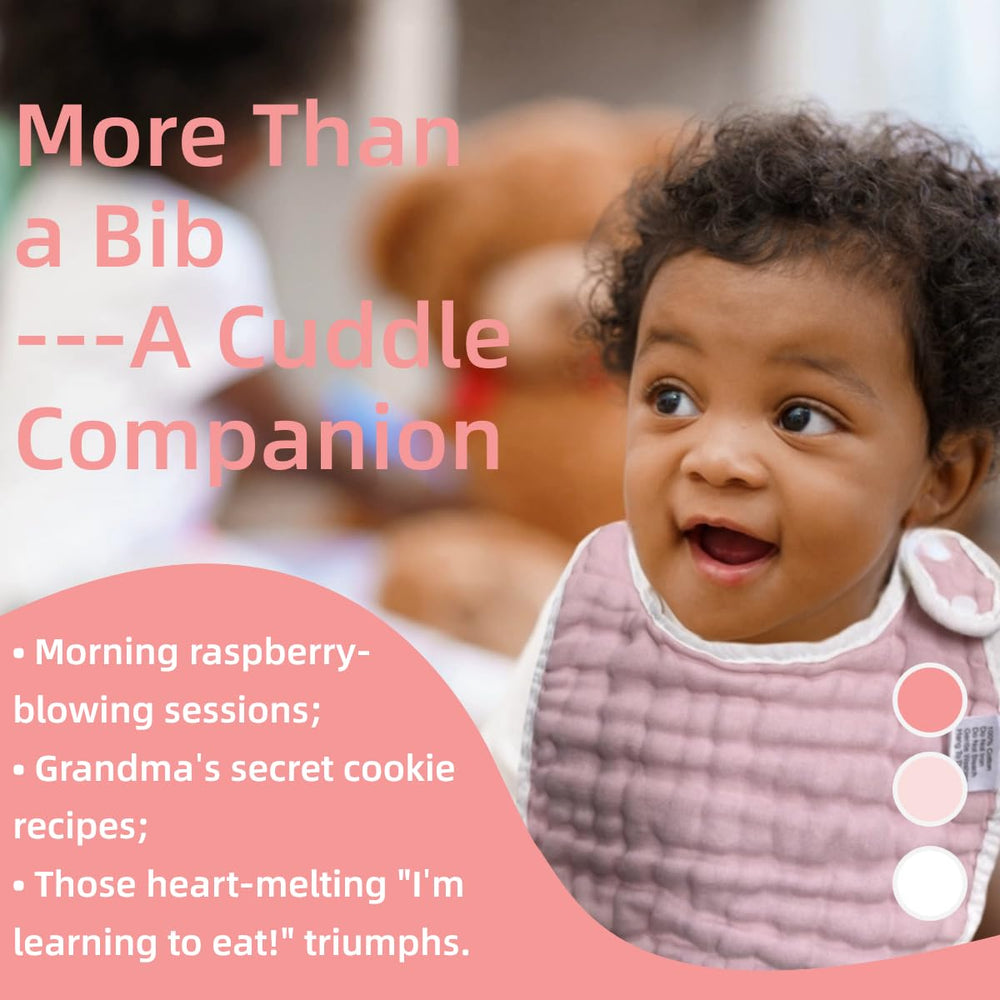 MUKIN bibs and burp cloths shown during feeding and teething routines