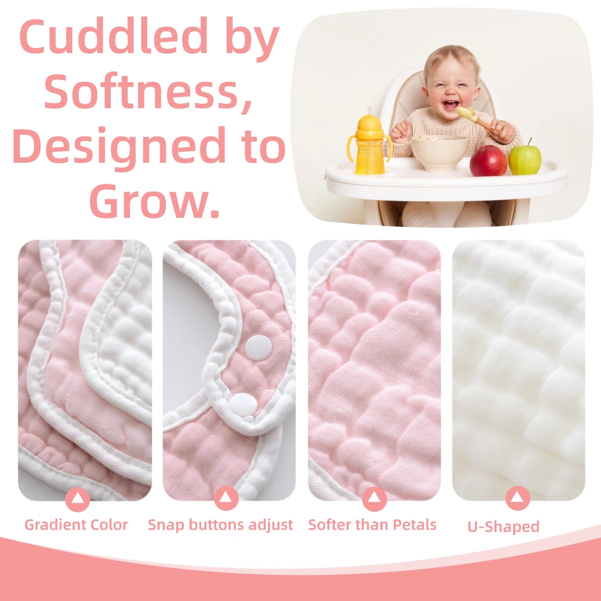Closeup of snaps on MUKIN bibs showing adjustable fit for growing babies