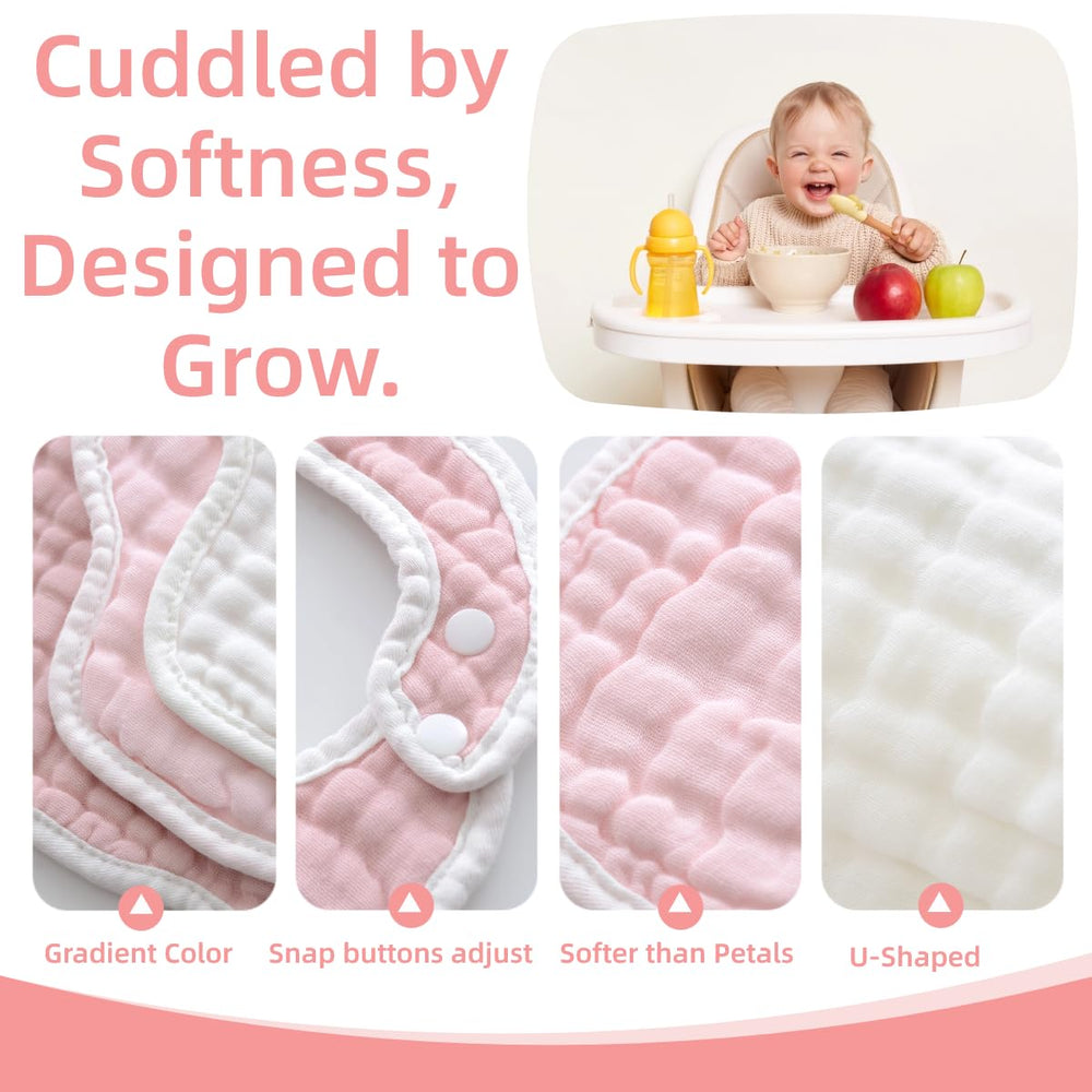 Closeup of snaps on MUKIN bibs showing adjustable fit for growing babies