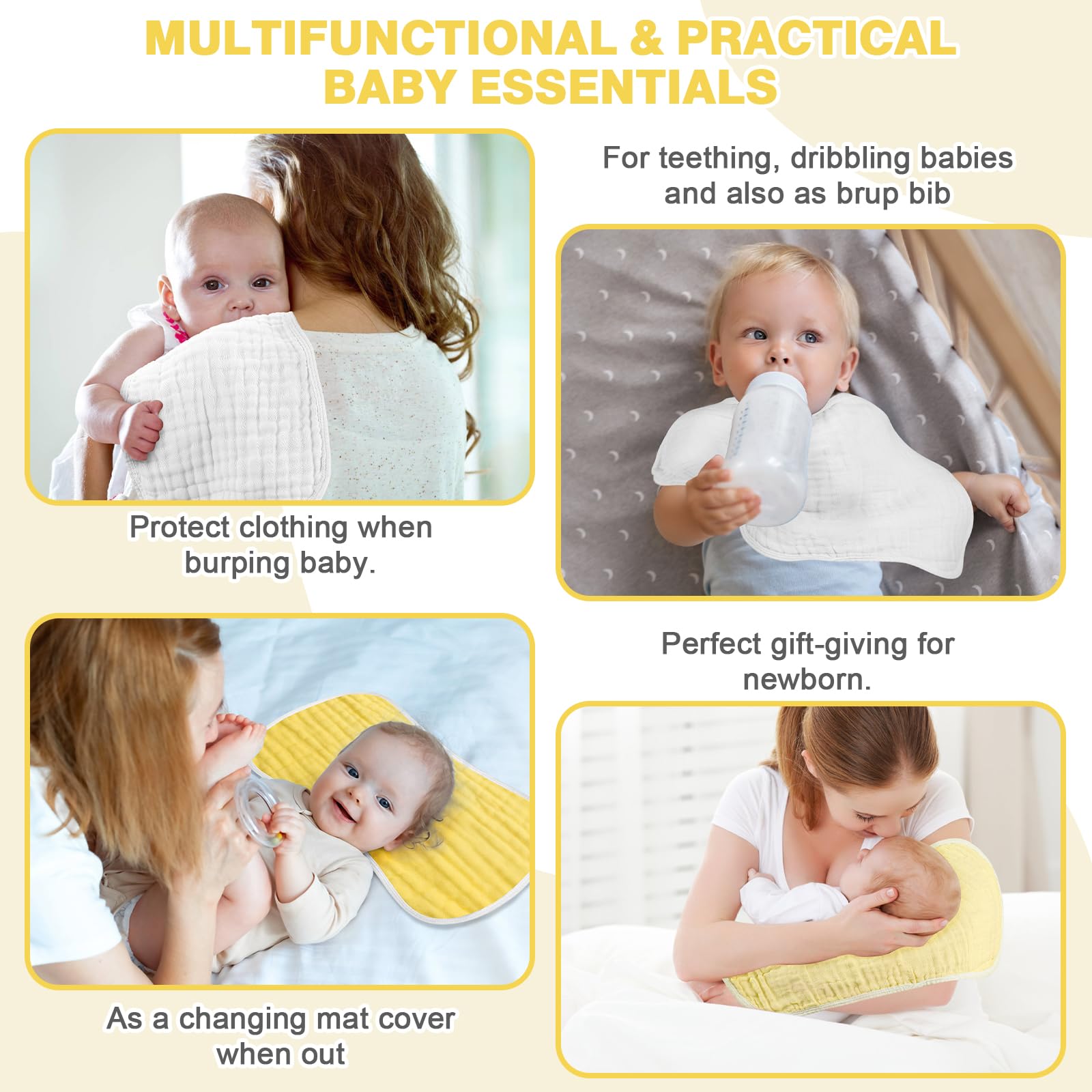 MUKIN burp cloths in gradient-yellow patterns add a neutral nursery touch