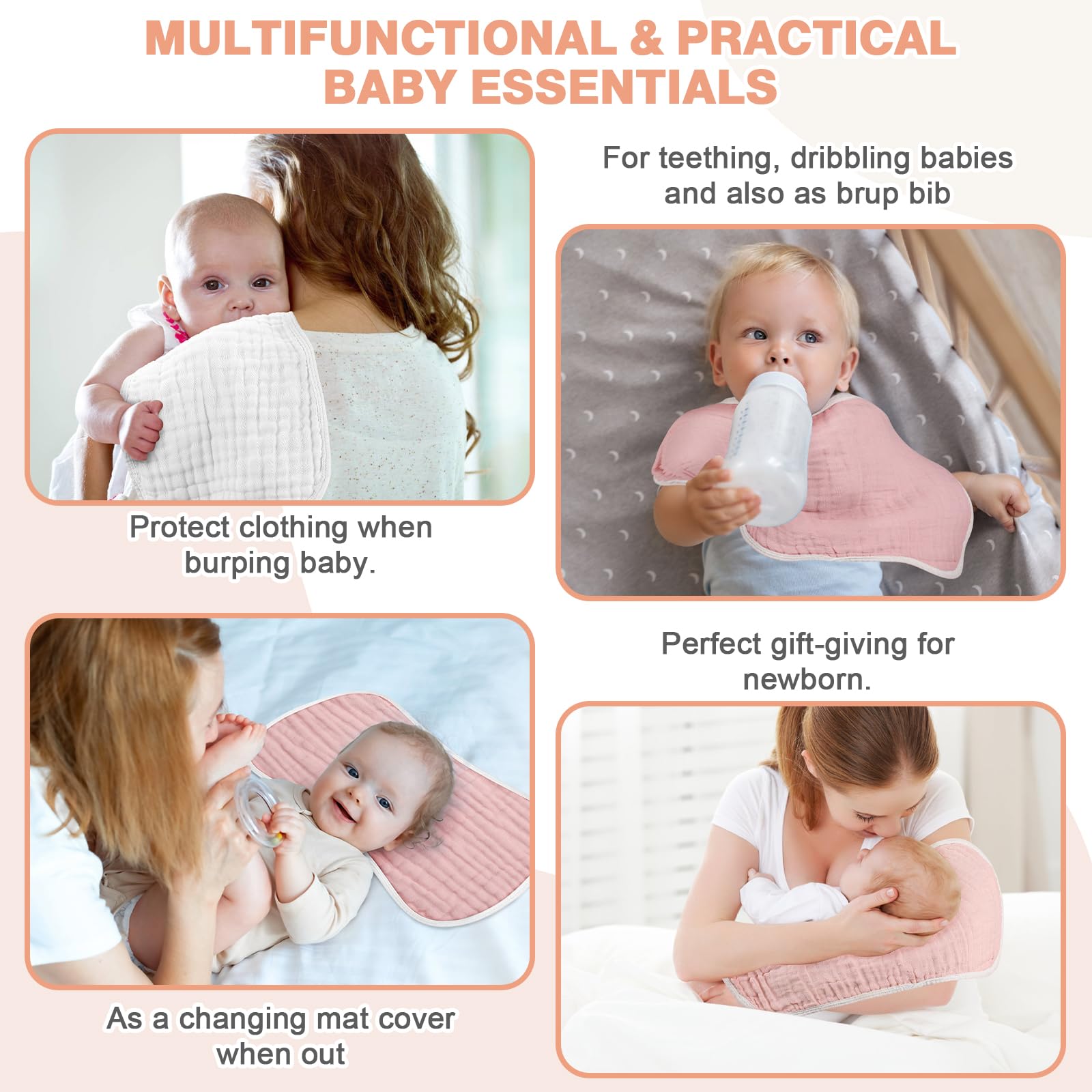 MUKIN six-layer cotton muslin burp cloths are machine washable for easy reuse.
