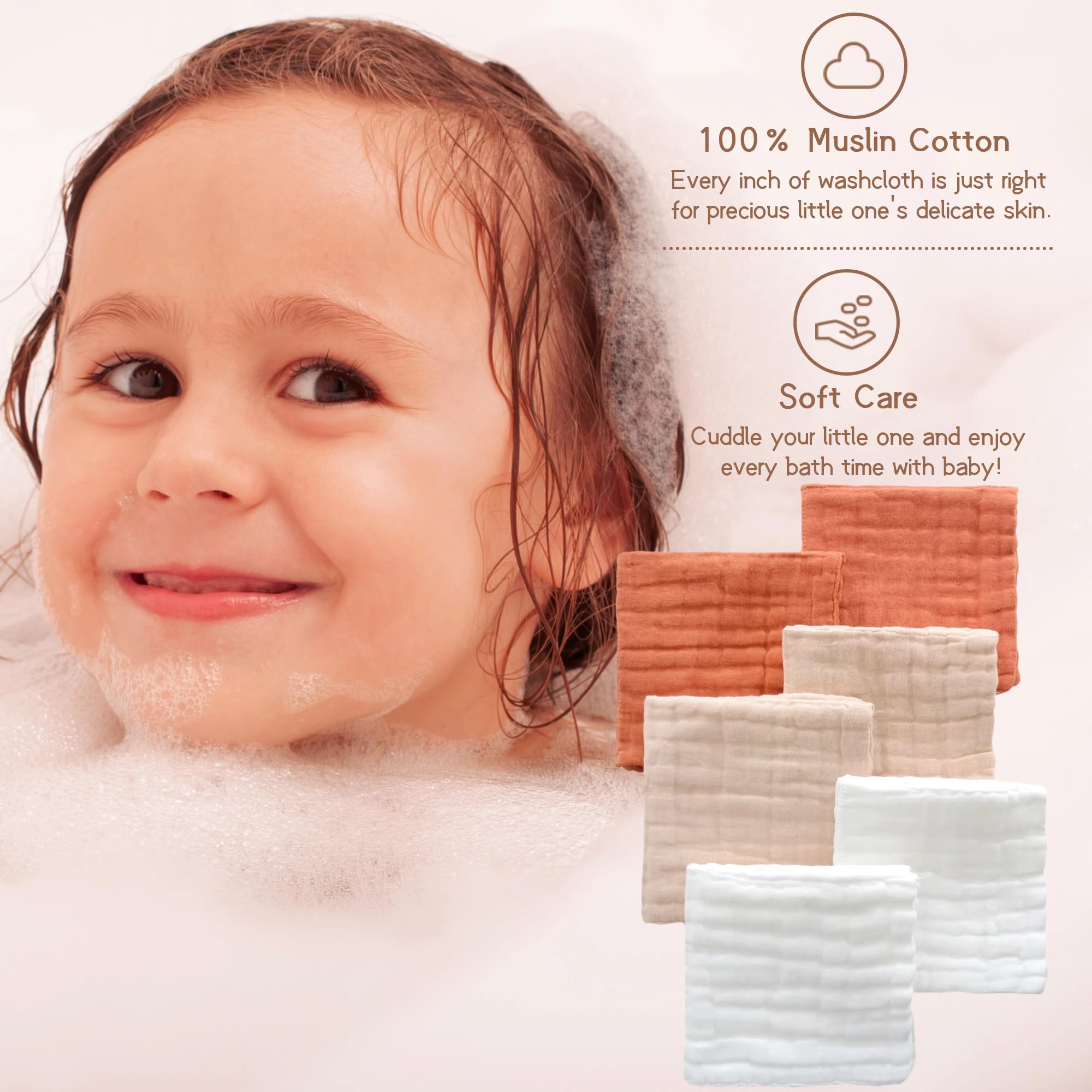 MUKIN cream-yellow washcloths offer gentle absorbency for quick post-bath drying.