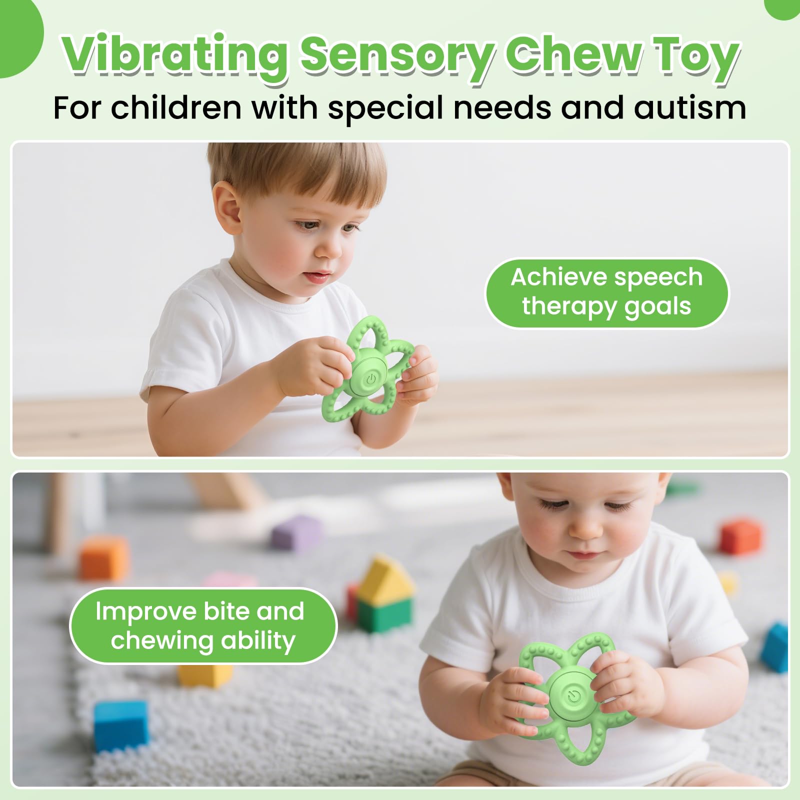 Mukoiber silicone teether green surface emphasizes BPA-free, safe teething material.