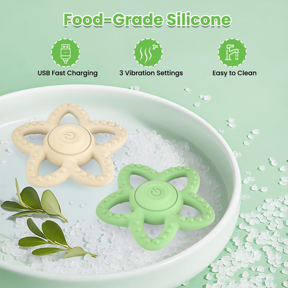 Mukoiber teether in green with easy-to-clean design for quick hygiene.