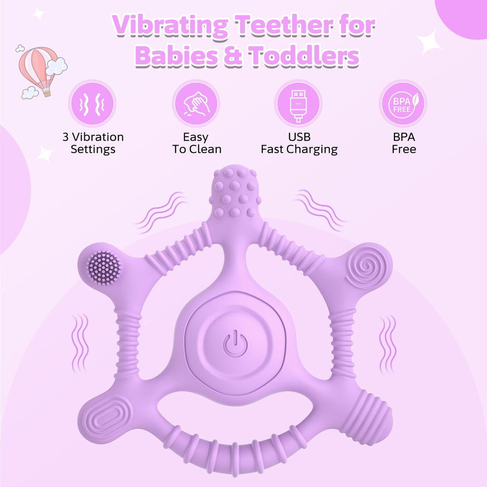 Mukoiber vibrating teether USB charging feature keeps it ready for use.