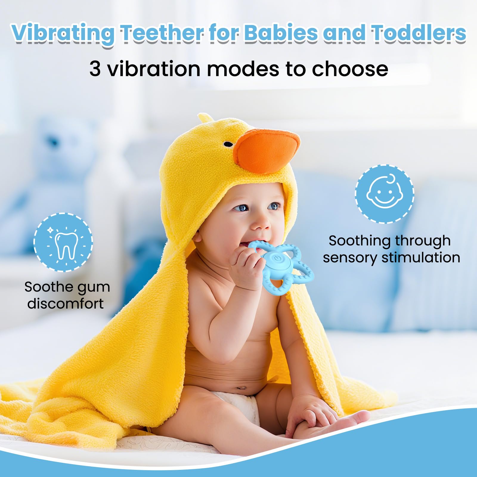Mukoiber blue teether used by baby for gum comfort during teething