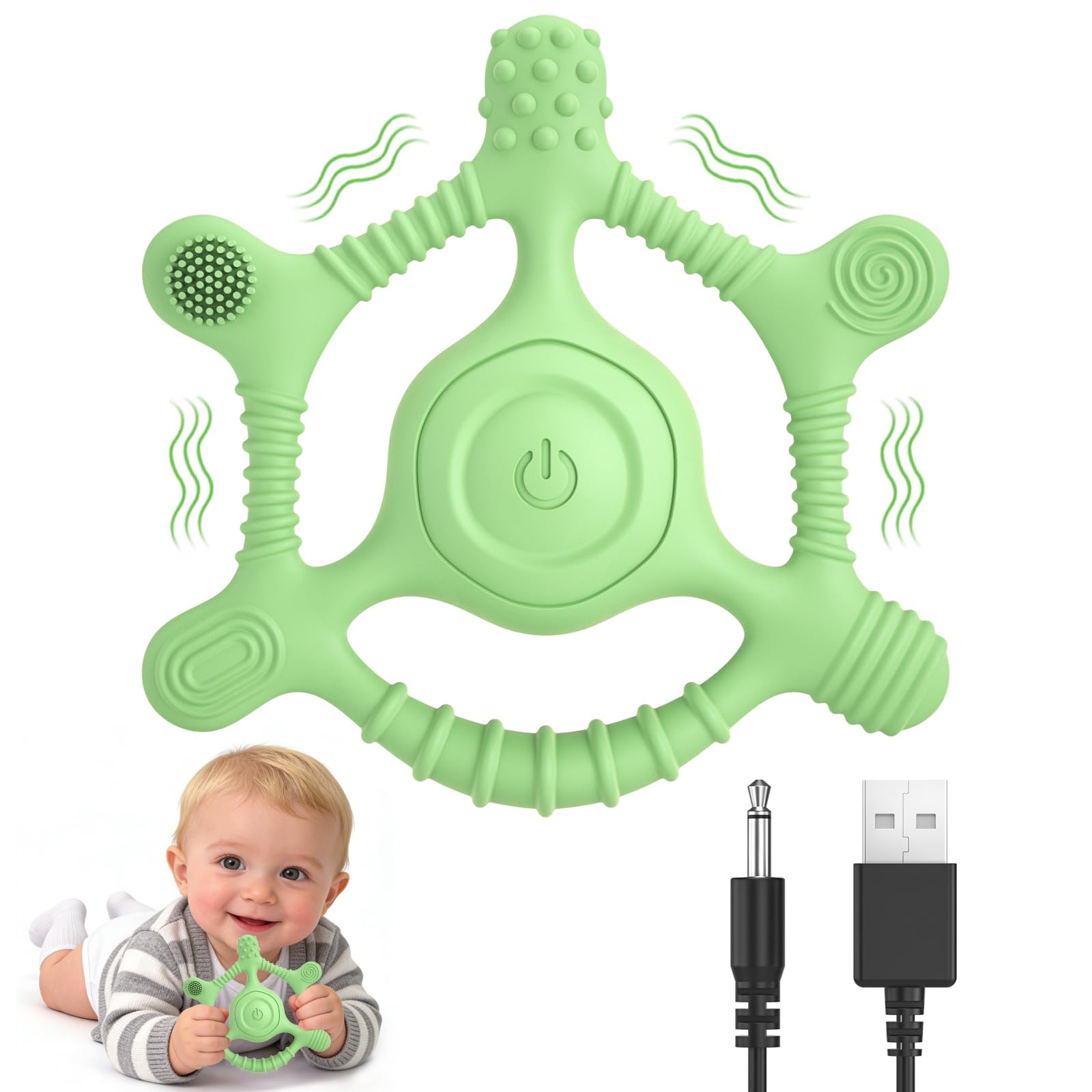 Mukoiber vibrating teether baby holding teether soothing gums during teething.