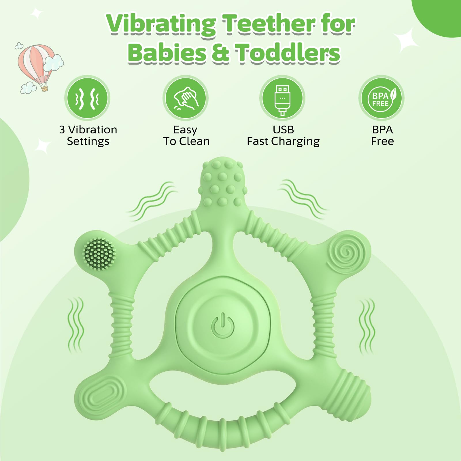 Mukoiber vibrating teether close-up silicone material.